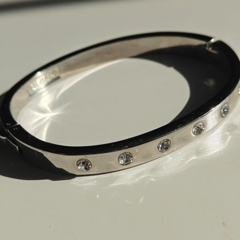 Silver Tone Hinged Bangle Bracelet Cuff Clear Round Crystals Polished Finish‎